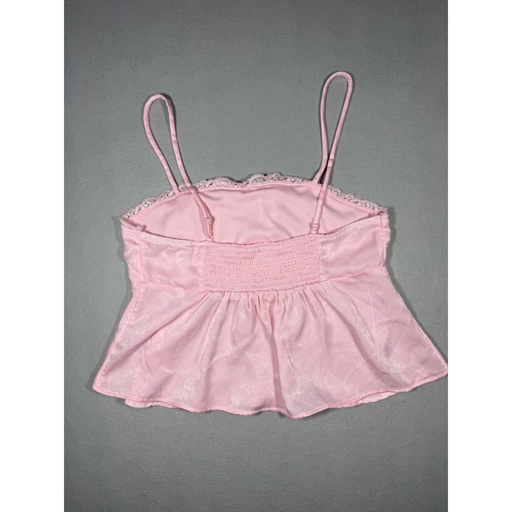 Coquette Pink Satin Lace Trim Camisole Top Smocked Back Peplum Babydoll Cami Med - Picture 6 of 7